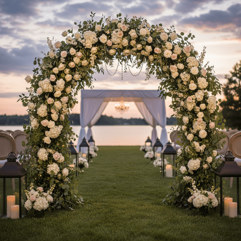 Aranjament floral luxuriant masă prezidiu cu trandafiri, lumânări și sfeșnice aurii – Decor nuntă PIM MOOD Events București