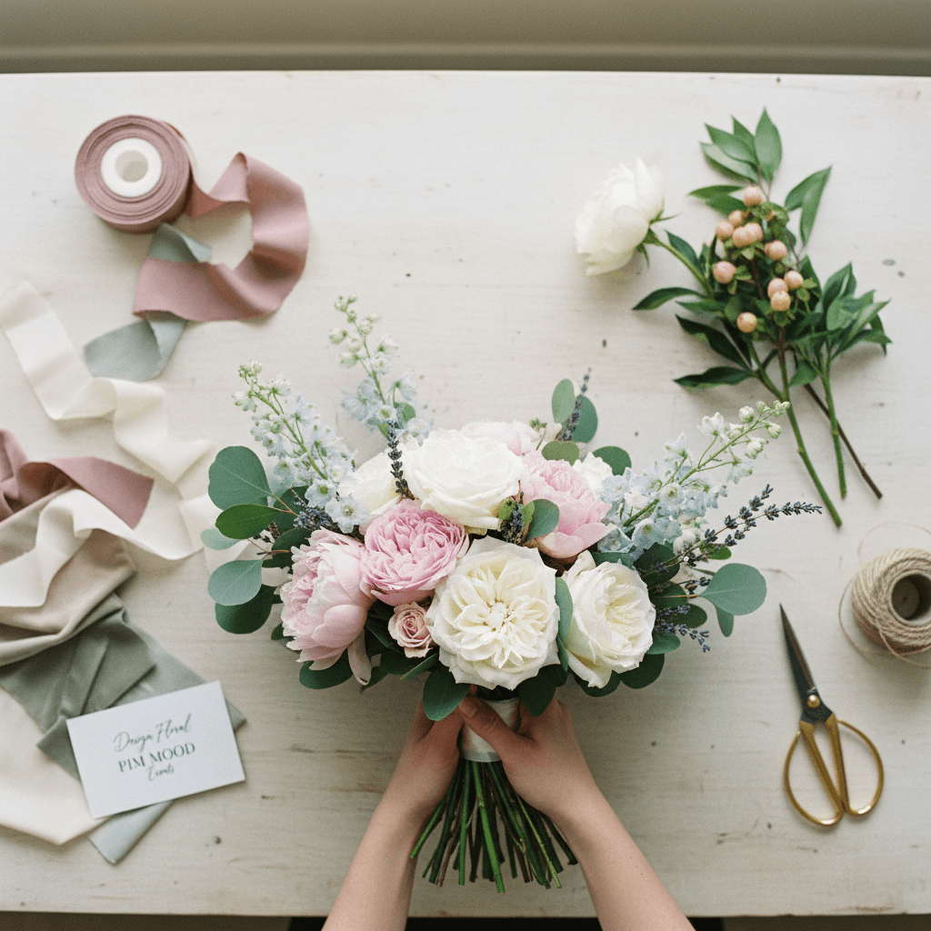 Detaliu macro cu flori premium pentru buchet personalizat, texturi de bujori și trandafiri de grădină în culori pastelate – Design floral artistic PIM MOOD Events