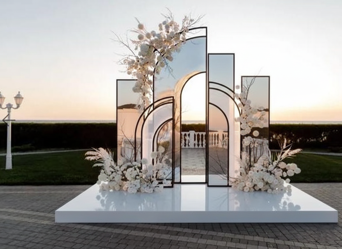Podium de ceremonie cu arcadă florală PIM MOOD Events, decor premium pentru nunți elegante în aer liber