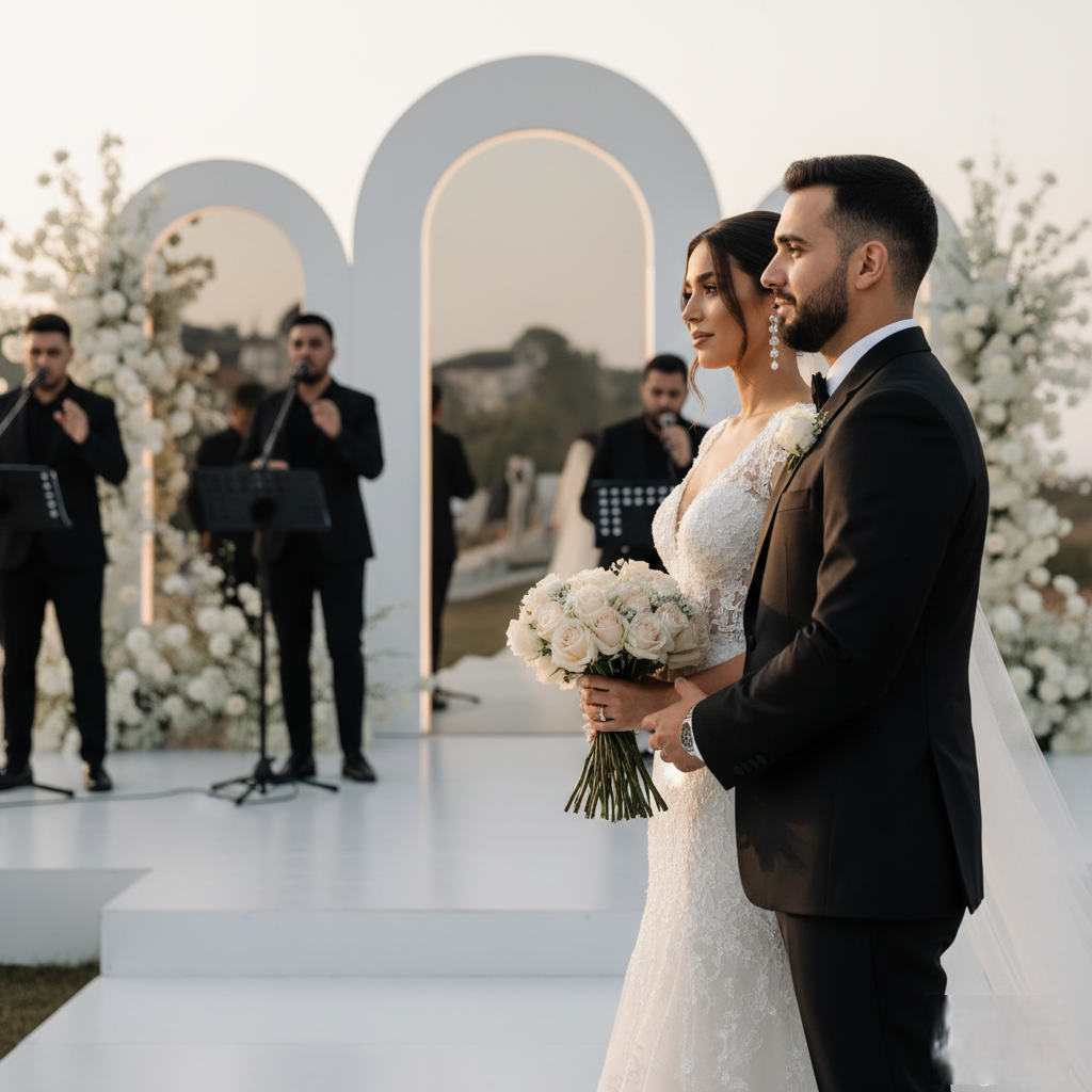 Podium alb pentru ceremonie cununie cu mocheta premium, scena prezentare evenimente PIM MOOD Events