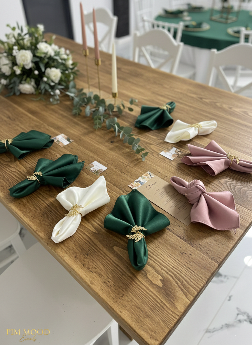 Închiriere șervețele textile verzi satin cu inel auriu pentru nuntă în București, Ilfov și Prahova
