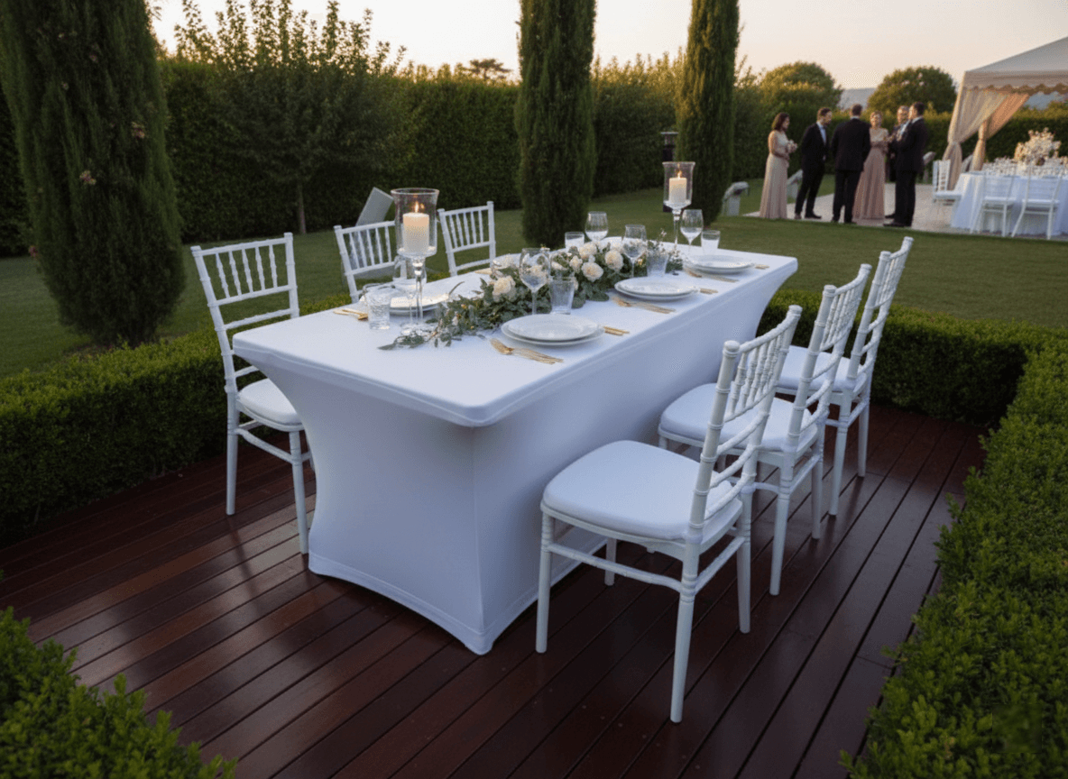 Masă bufet cu husă albă elastică, decorată cu platouri elegante pentru catering, soluții premium PIM MOOD Events